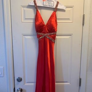 Beautiful Red Long Racerback Prom Gown with Silver Beading Size 2 (Prom)